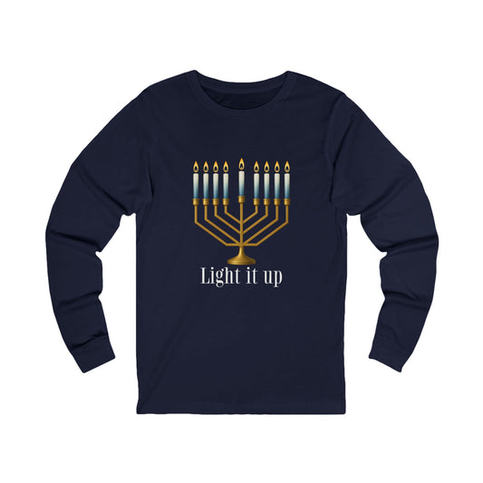 Light it Up Menorah Hanukkah Long Sleeve Tee (Unisex S-2XL) in Navy