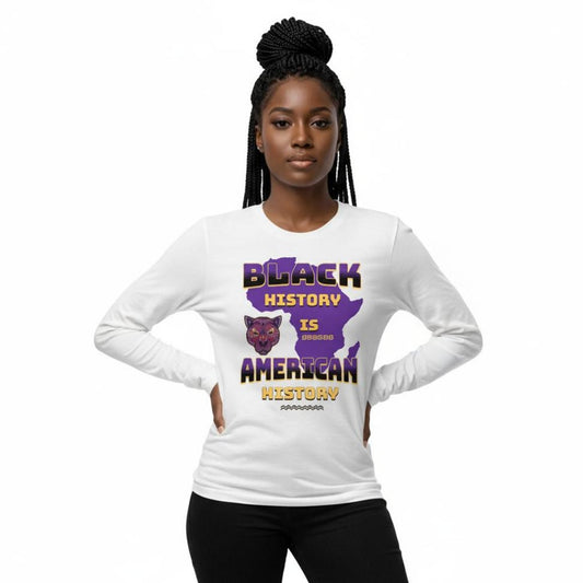 Person wearing a white long-sleeve shirt with 'Black History is American History' text and graphic.