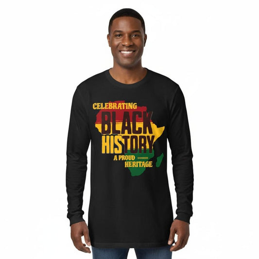Man wearing a black long-sleeve shirt with 'Celebrating Black History' design on a white background
