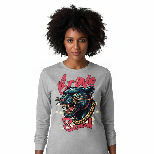 Woman wearing a gray long-sleeve shirt with a panther graphic and 'Brave Soul' text.