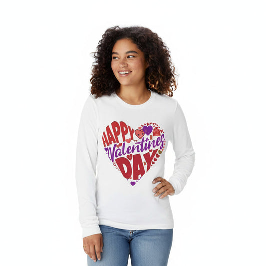 Woman wearing a white sweatshirt with 'Happy Valentine's Day' design on a white background
