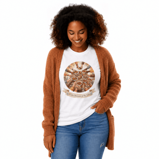 A woman wearing a white graphic t-shirt with a circular multicolor illustration of hands holding a banner that reads 'We All Are Welcome at My Table', styled with a brown knit cardigan and blue jeans against a plain white background.