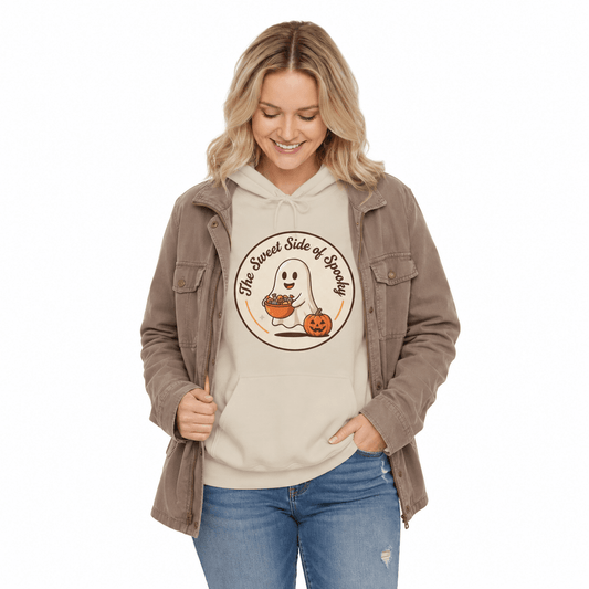 A woman modeling a beige hoodie with a 'The Sweetest Side of Halloween' ghost and pumpkin graphic, layered under a brown corduroy jacket, paired with blue jeans, on a white background.