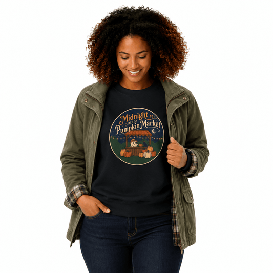 A woman with curly brown hair is wearing a black graphic t-shirt featuring a 'Midnight Pumpkin Market' design, layered under an olive green jacket. She is standing against a solid white background.