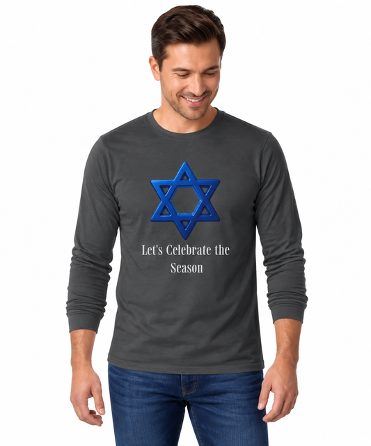 A man wearing a dark gray long-sleeve t-shirt with a blue Star of David graphic and the text 'Let's Celebrate the Season' printed on the front, paired with blue jeans, against a plain white background.