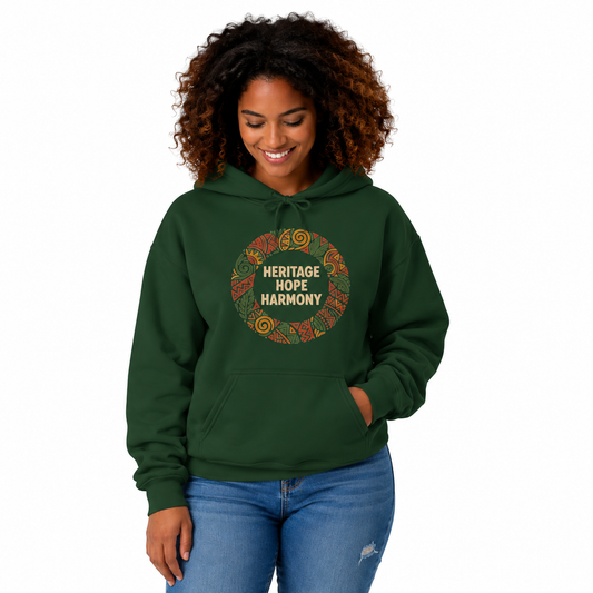 A woman with curly brown hair wearing a dark green hoodie with a circular 'Heritage Hope Harmony' graphic on the chest, paired with blue jeans, against a plain white background.