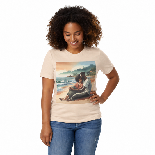 Woman wearing a t-shirt with a graphic of two people on a beach.