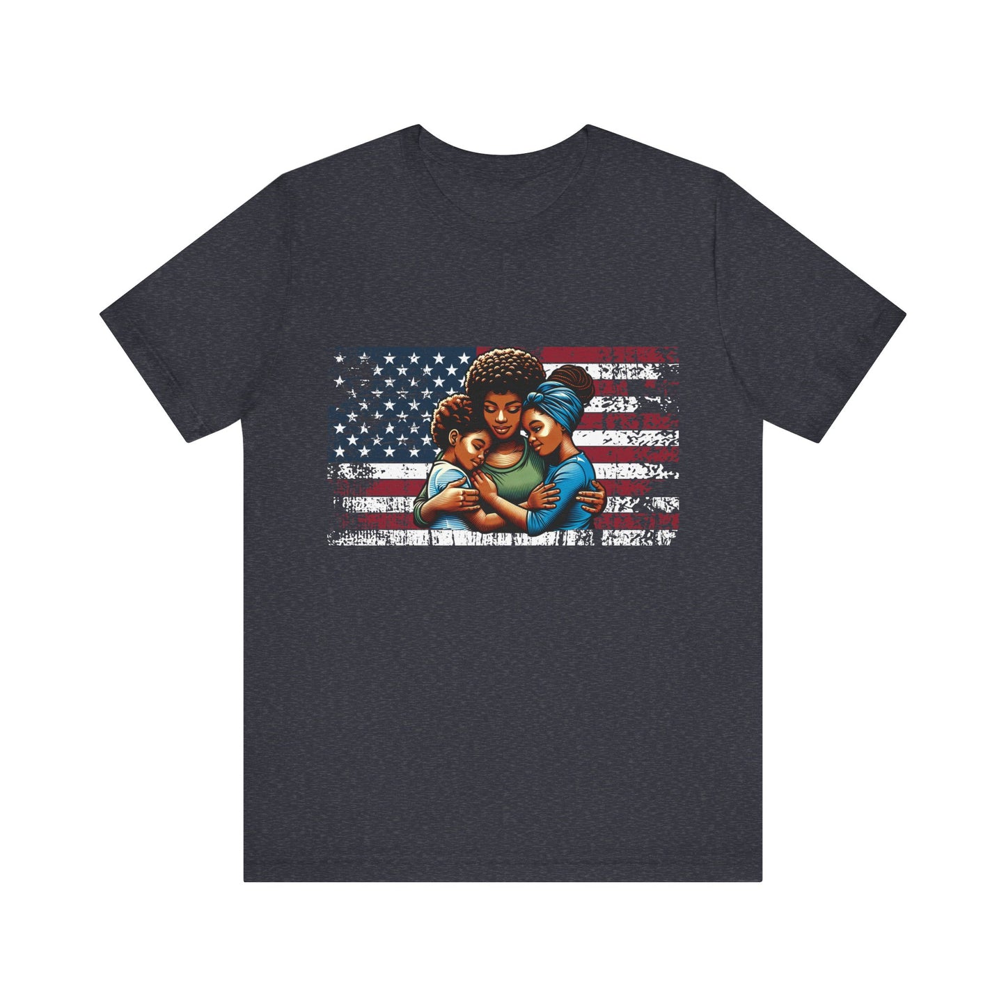 Unity patriotic graphic shirt with family design on heather navy t-shirt