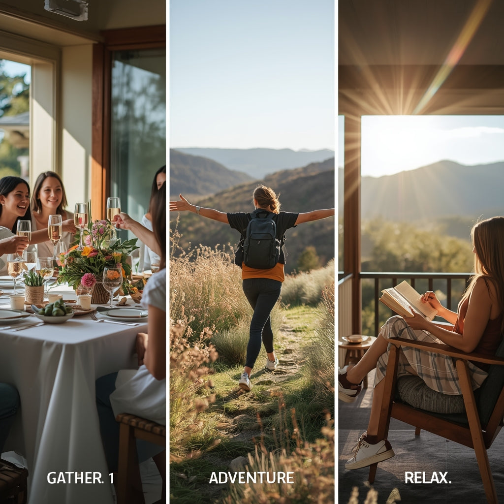 A three split picture that contains a group of friends gathering, adventure is someone solo hiking in the outdoors, and last pane is someone reading on a porch with the sun shining.