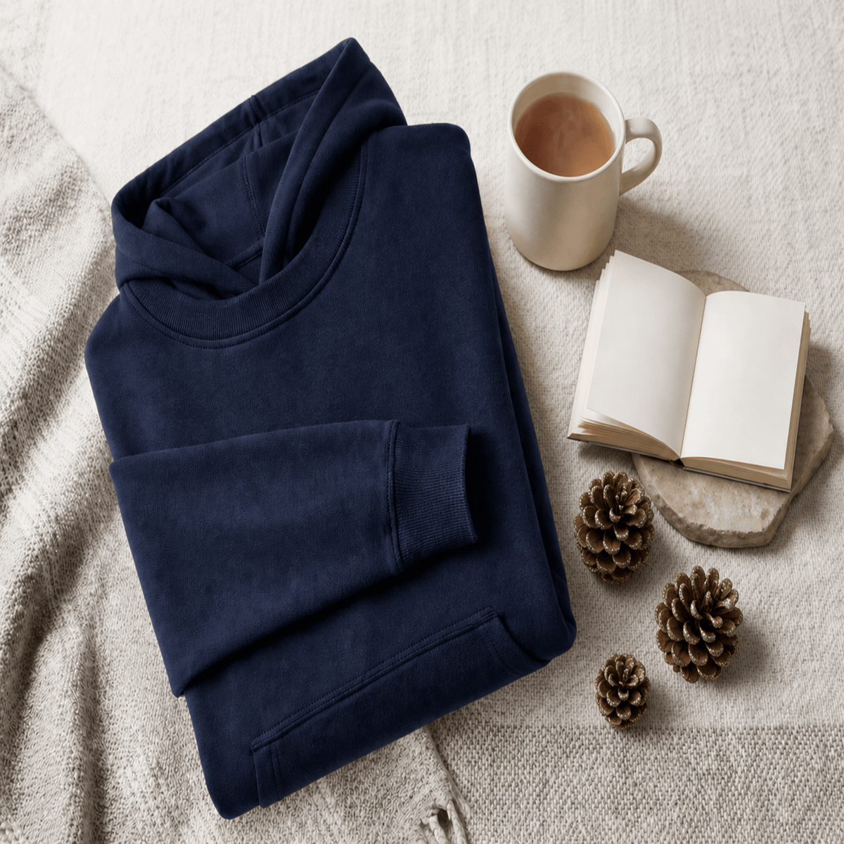 Navy hoodie, tea, notebook and pine cone laying on a taupe shaw as background