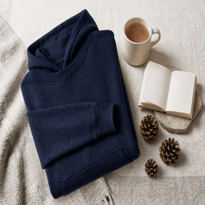 Navy hoodie, tea, notebook and pine cone laying on a taupe shaw as background