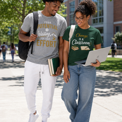 Two students, male and female, outside walking on campus with backpacks.  One has books and the order has an open laptop.  