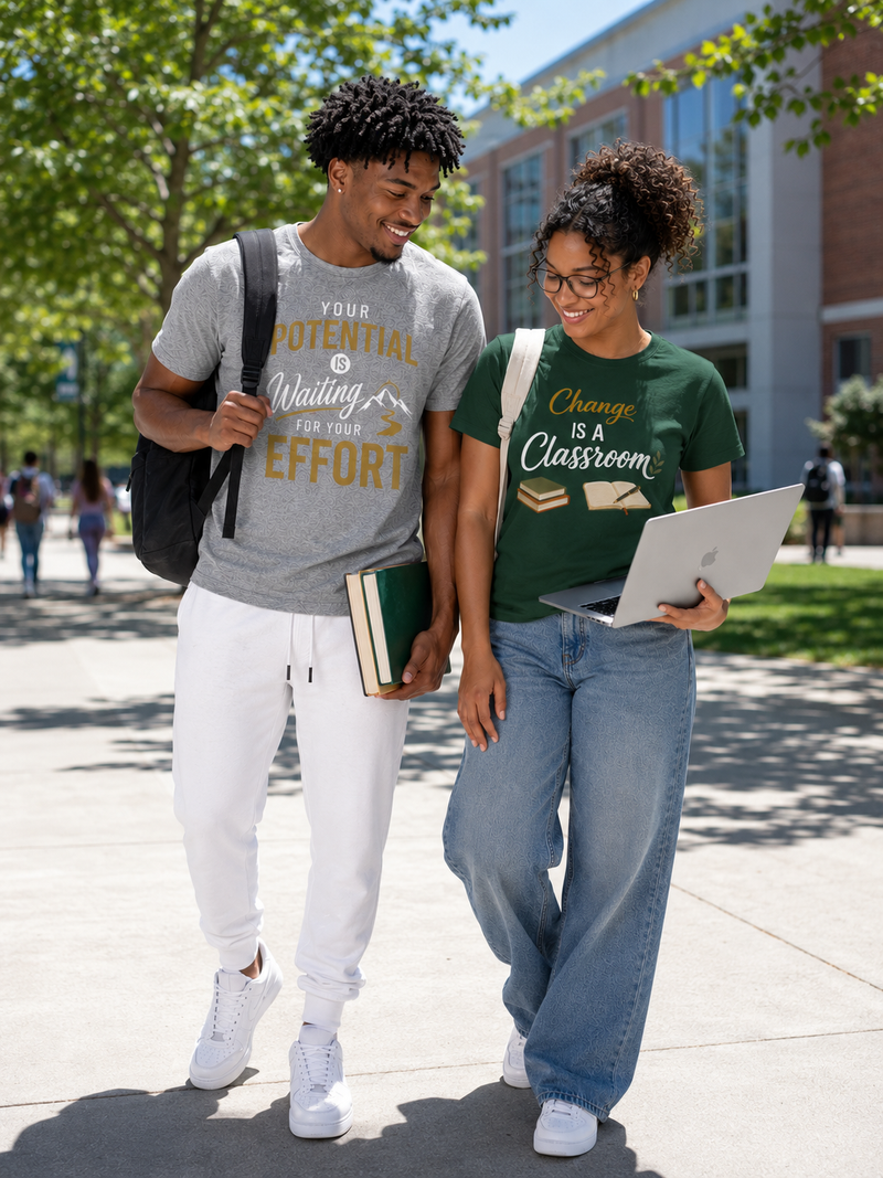 Two students, male and female, outside walking on campus with backpacks.  One has books and the order has an open laptop.  
