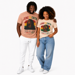 Woman and man modeling juneteenth shirts with white background.