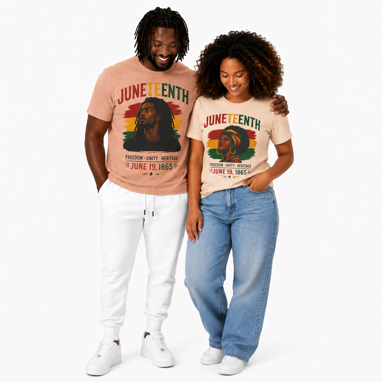 Woman and man modeling juneteenth shirts with white background.
