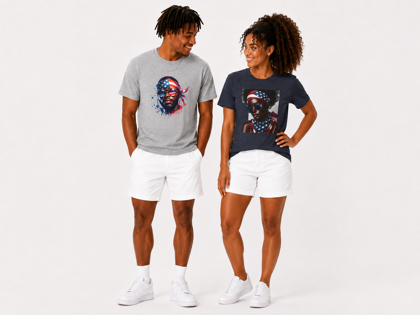 Two people wearing patriotic graphic t-shirts on a white background.