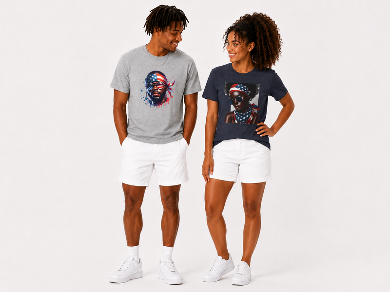Two people wearing patriotic graphic t-shirts on a white background.