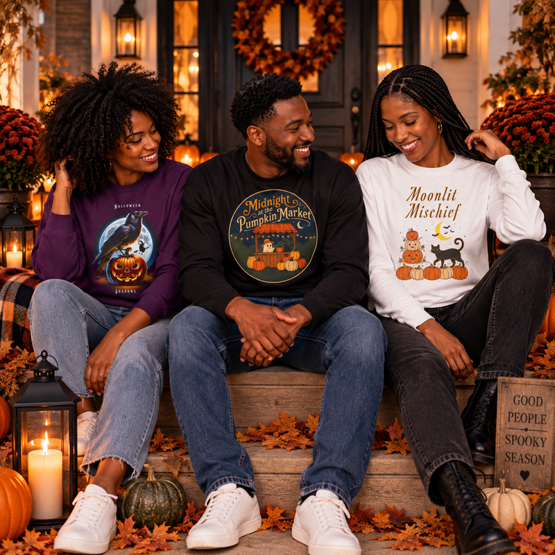 Three models wearing Halloween graphic sweatshirts and a long sleeve tee on a cozy fall porch