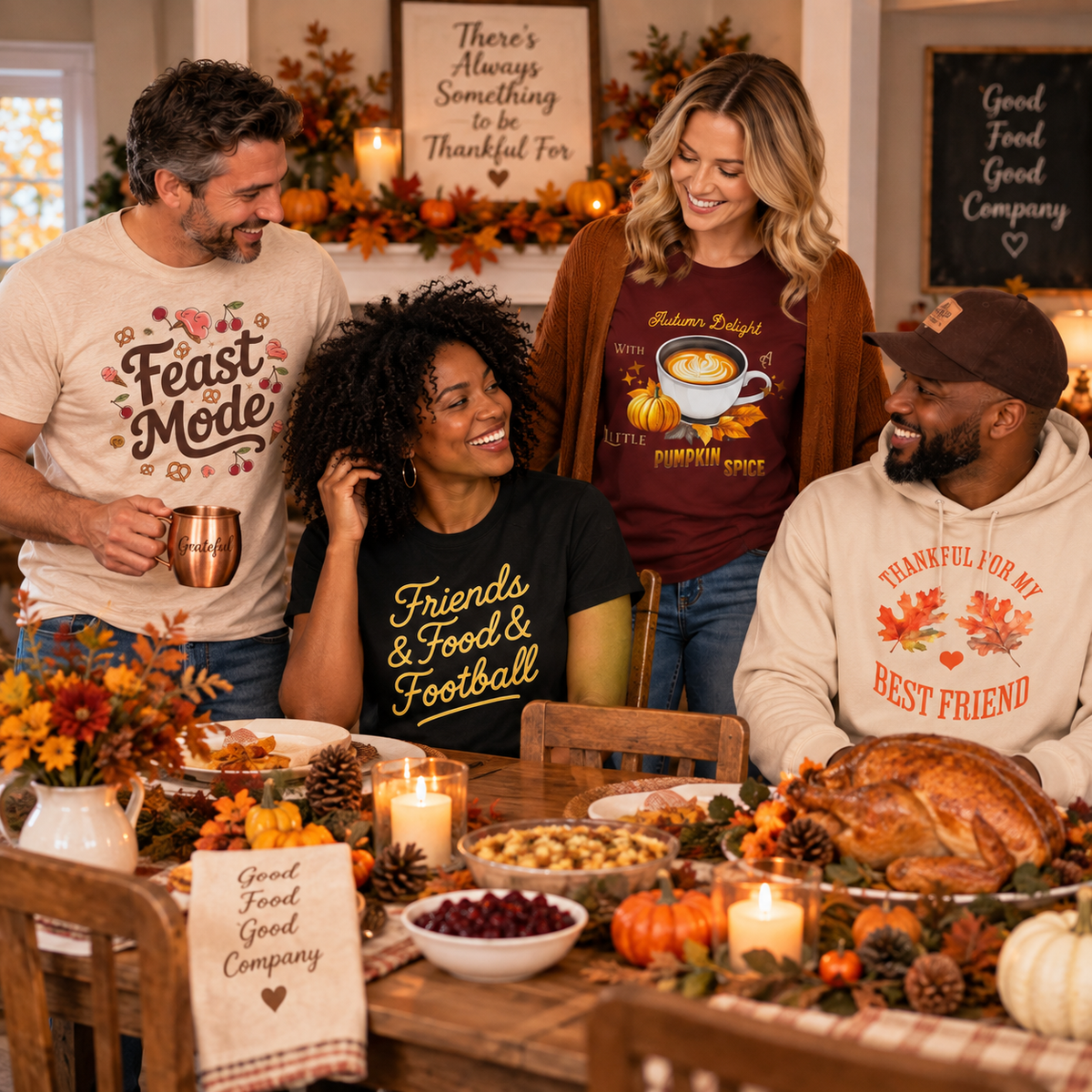 Diverse friends wearing fall graphic apparel together in a cozy indoor Thanksgiving table setting.