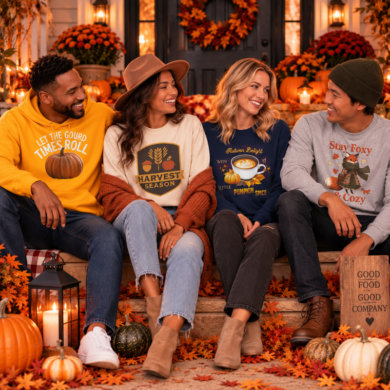 Four friends wearing fall graphic sweatshirts and hoodies on a cozy autumn porch.