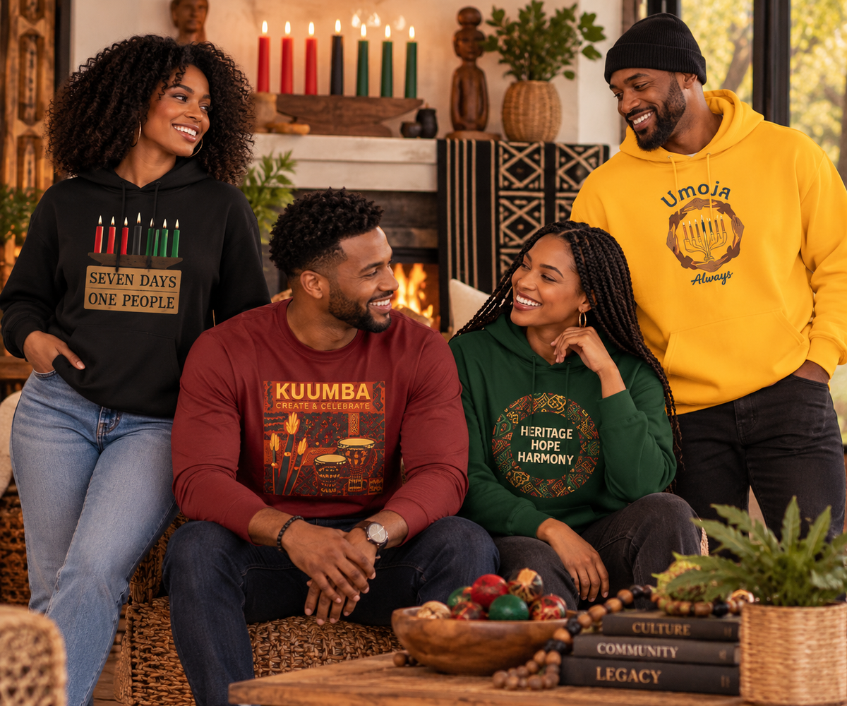 Black adults wearing Kwanzaa graphic apparel together in a warm festive gathering