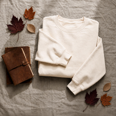 Beige long sleeve sweatshirt with three leaves on each side with one leather tied diary