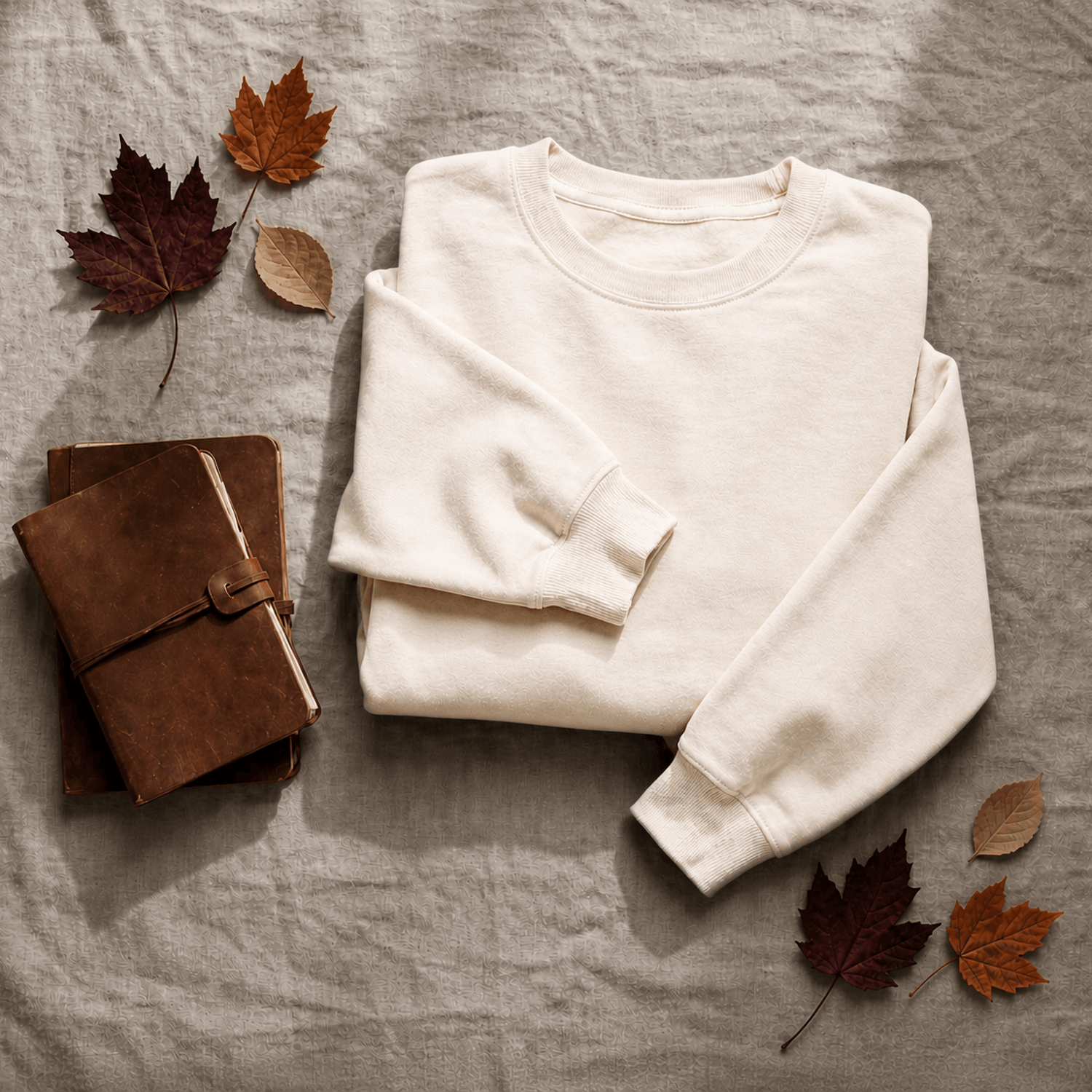 Beige long sleeve sweatshirt with three leaves on each side with one leather tied diary