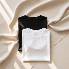 Neutral folded t-shirts in black and white on linen background
