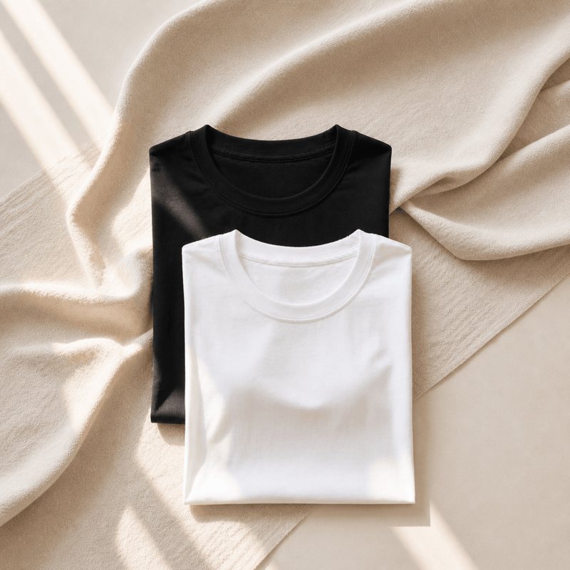 Neutral folded t-shirts in black and white on linen background
