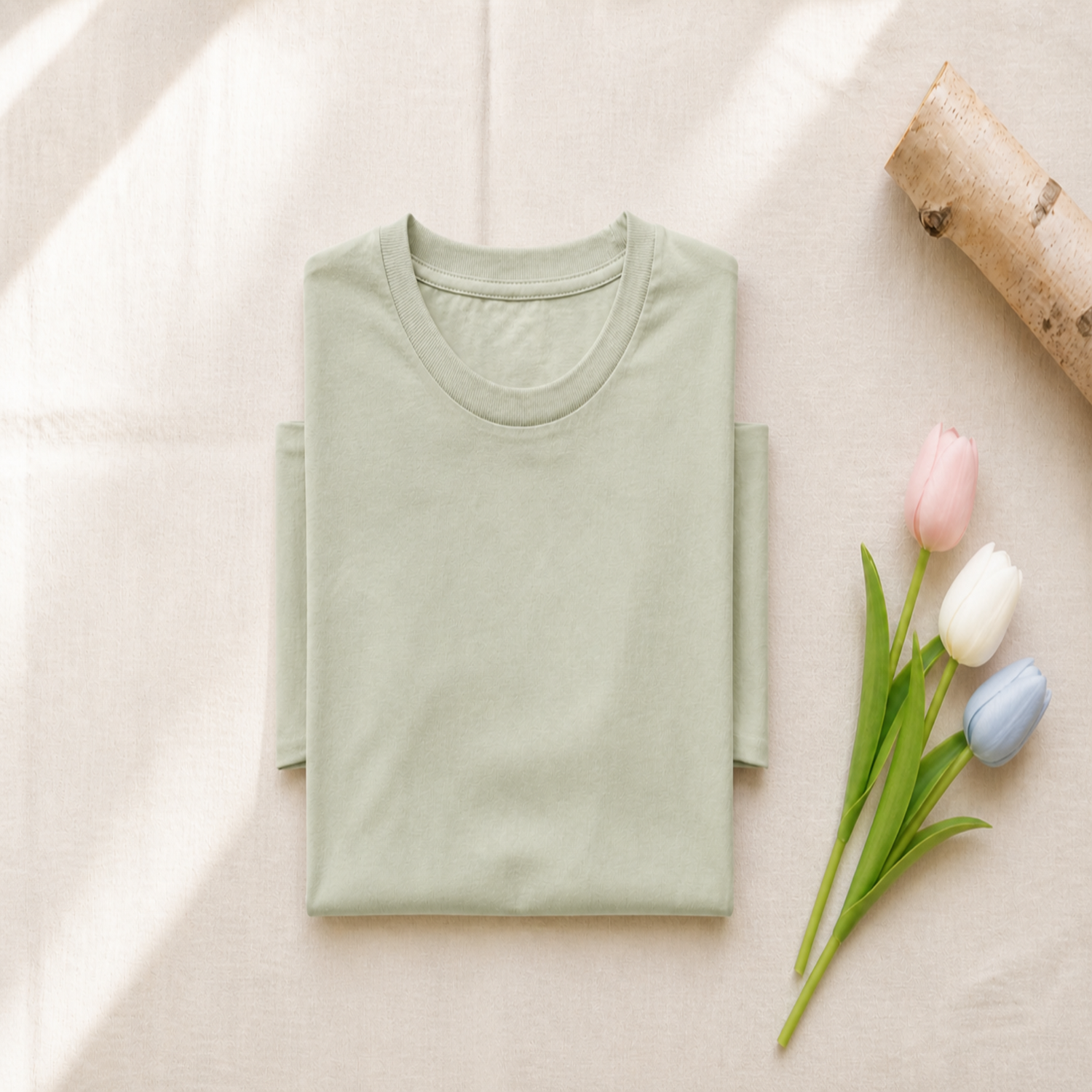 Sage folded t-shirt with a piece of bark and pink, white, and blue tulips on a beige background