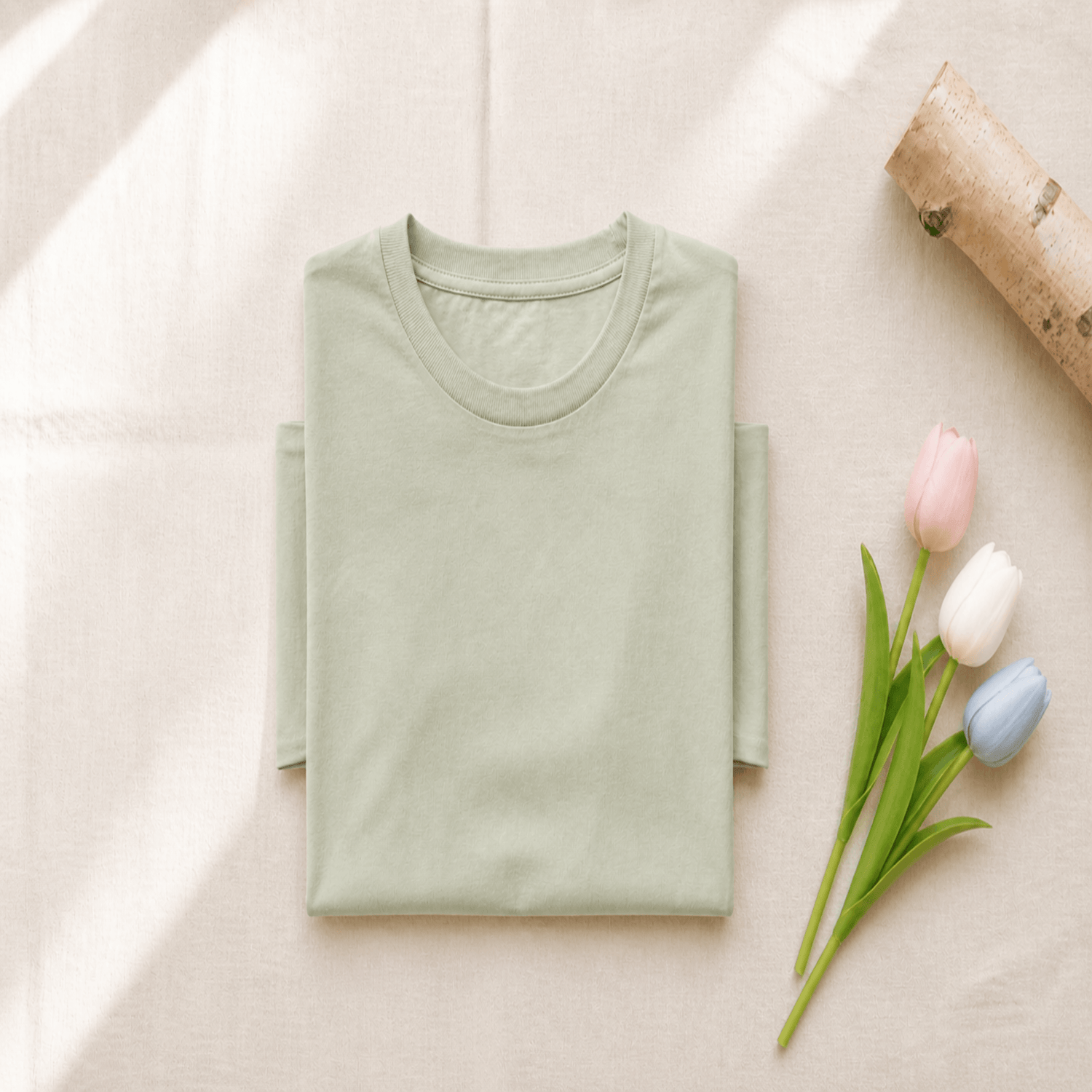 Sage folded t-shirt with a piece of bark and pink, white, and blue tulips on a beige background