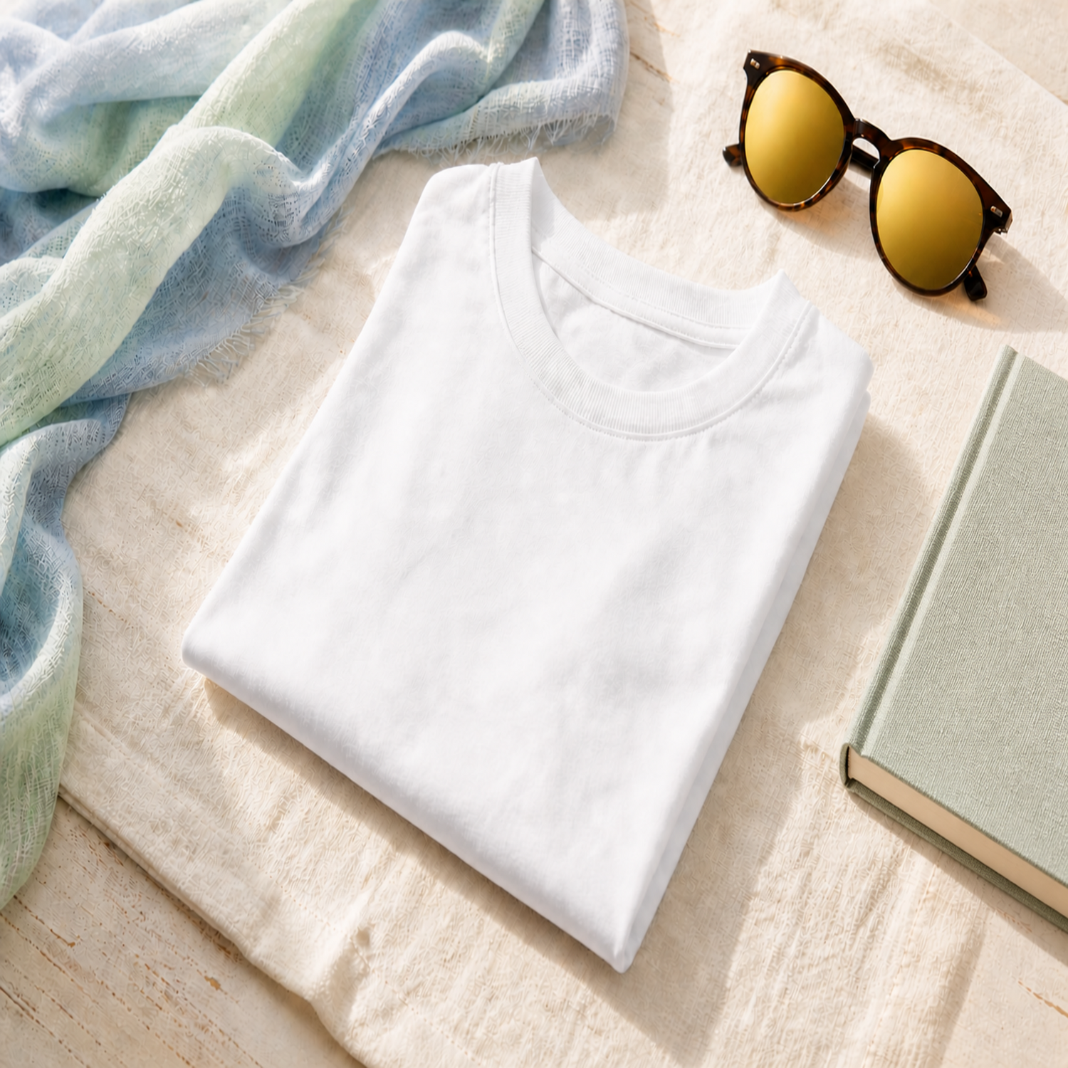 White t-shirt with sunglasses, a book, and bluish green scarf on a beige background