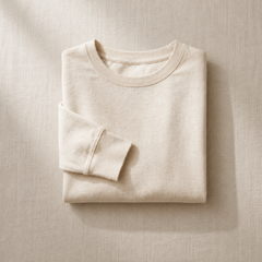 Folded cream-colored sweatshirt displayed on a textured neutral fabric background, representing newly released apparel.