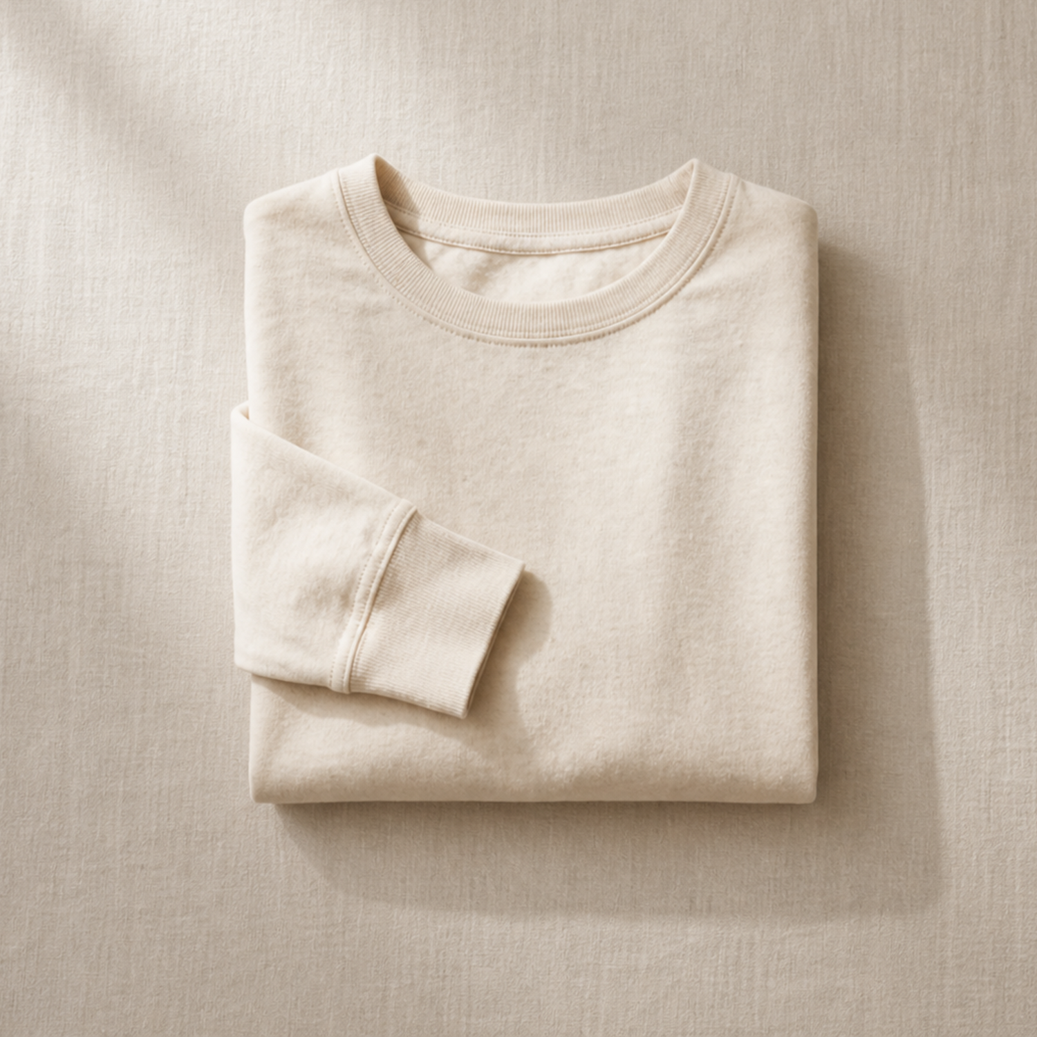 Folded cream-colored sweatshirt displayed on a textured neutral fabric background, representing newly released apparel.