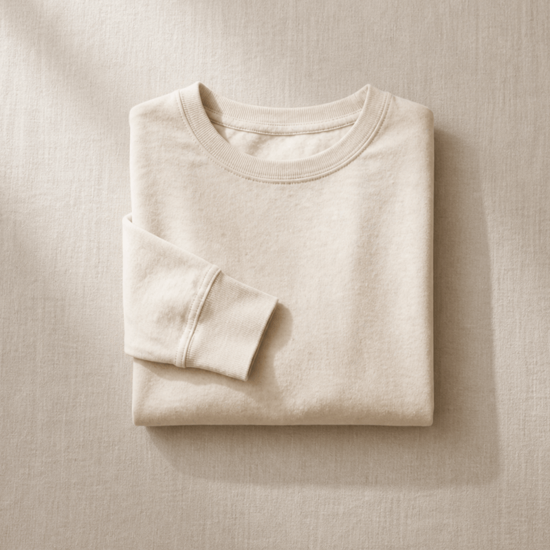 Folded cream-colored sweatshirt displayed on a textured neutral fabric background, representing newly released apparel.