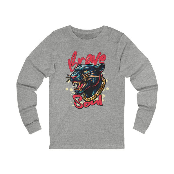Gray long-sleeve shirt with a panther graphic and 'Brave Soul' text on a white background