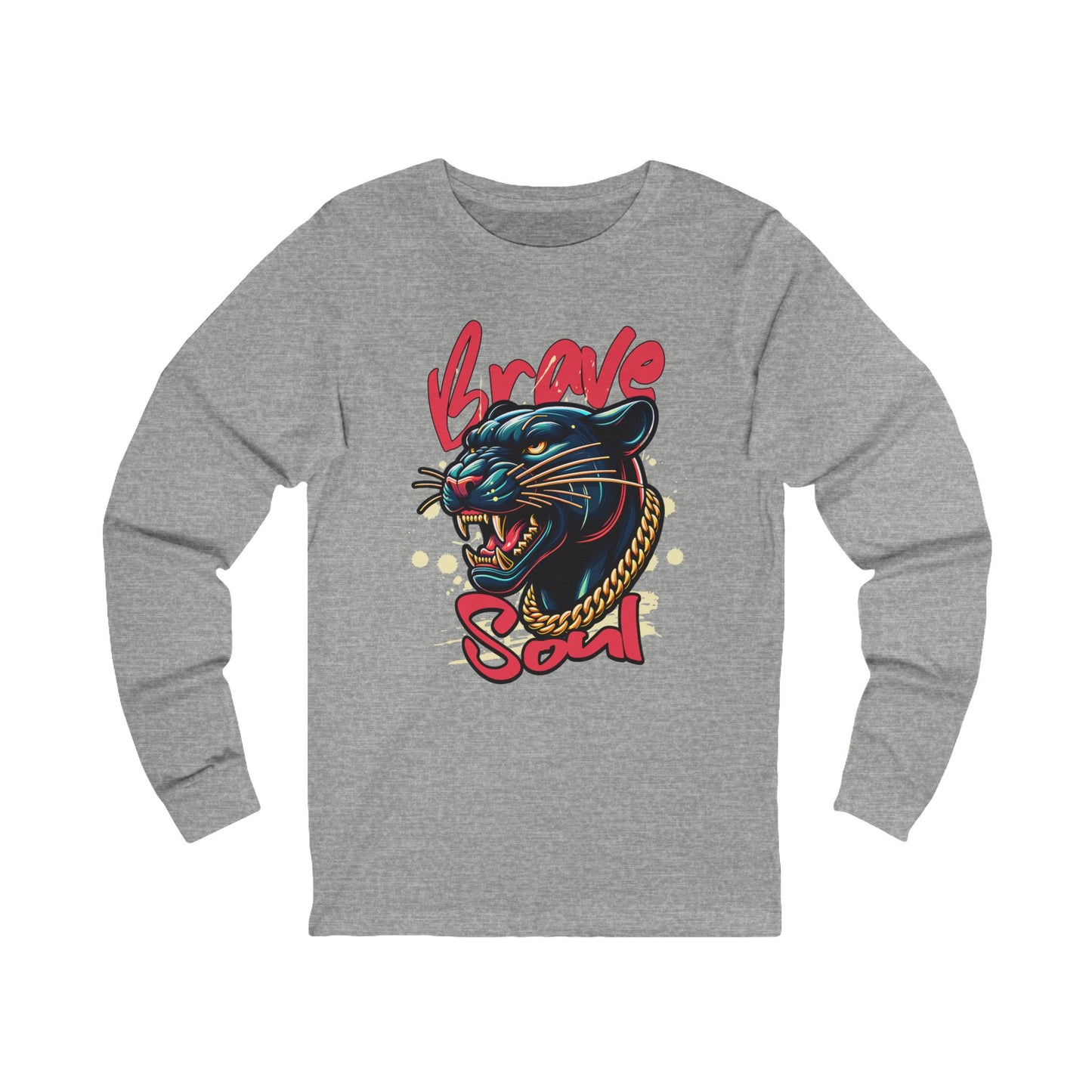 Gray long-sleeve shirt with a panther graphic and 'Brave Soul' text on a white background