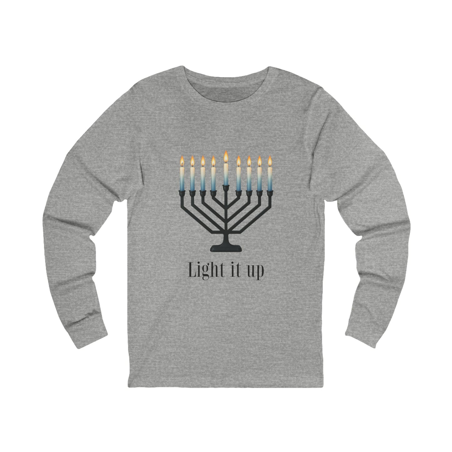 Light it Up Menorah Hanukkah Long Sleeve Tee (Unisex S-2XL) in Athletic Heather