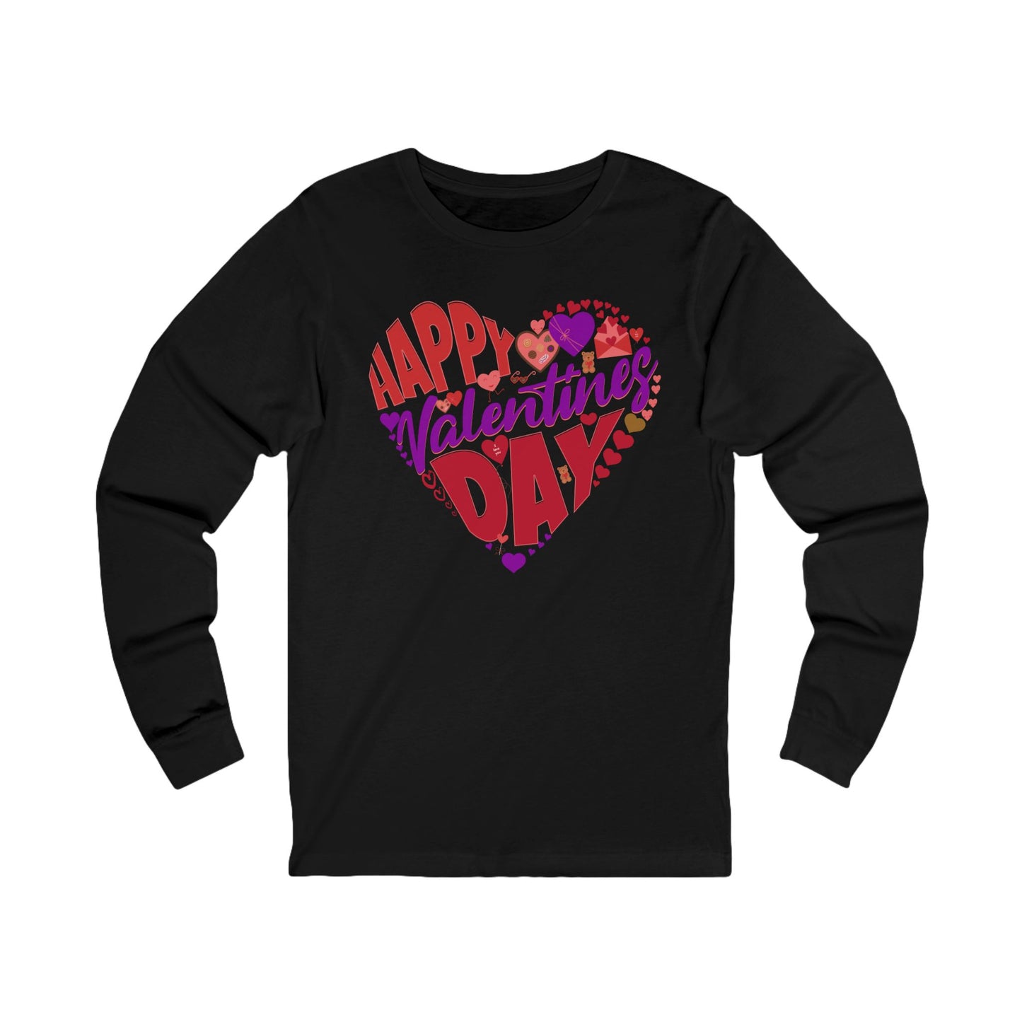 Black long-sleeve shirt with 'Happy Valentine's Day' text in colorful hearts on a white background