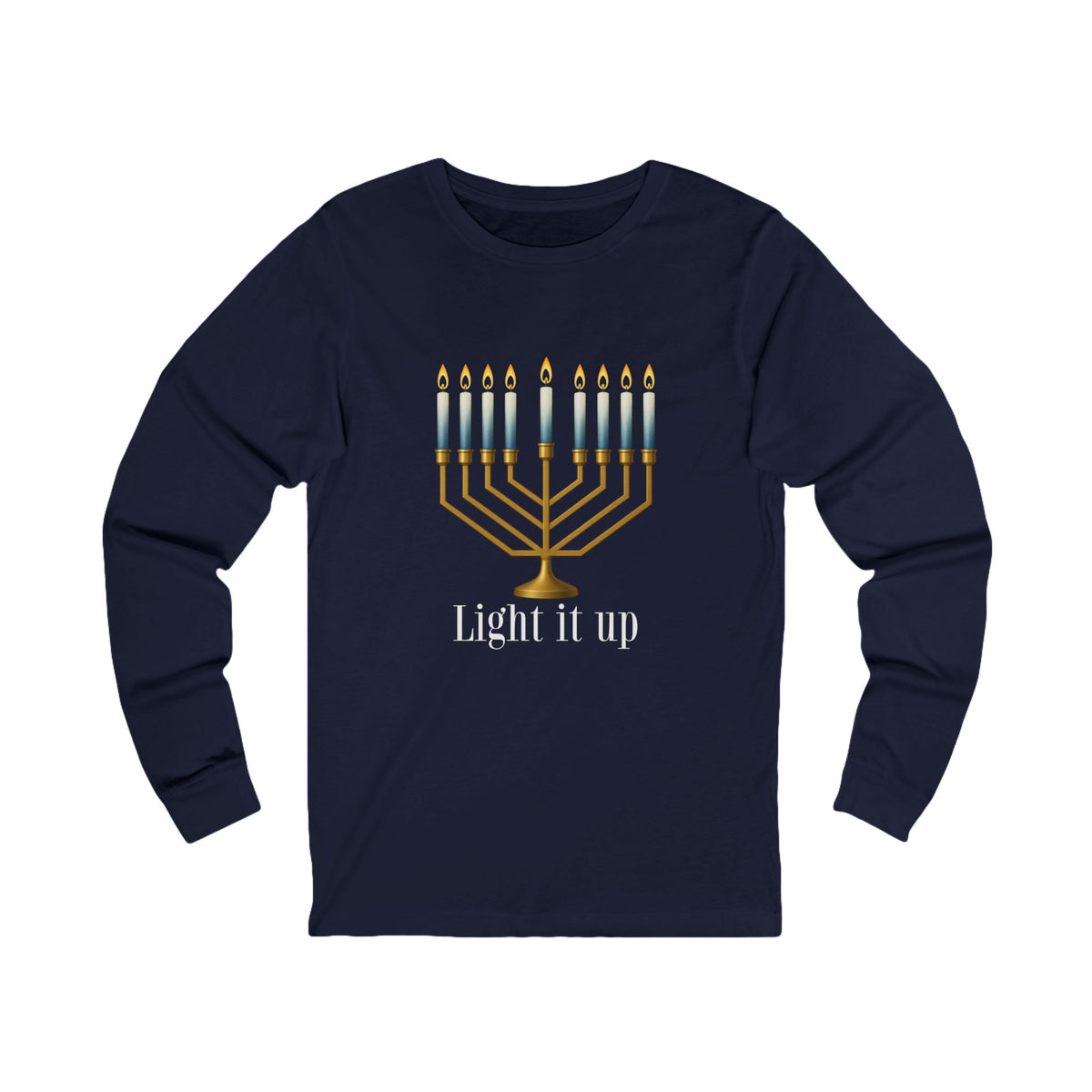 A navy blue long-sleeve t-shirt with a graphic of a gold menorah with white candles and the text 'Light it up' printed on the chest, displayed on a solid white background.