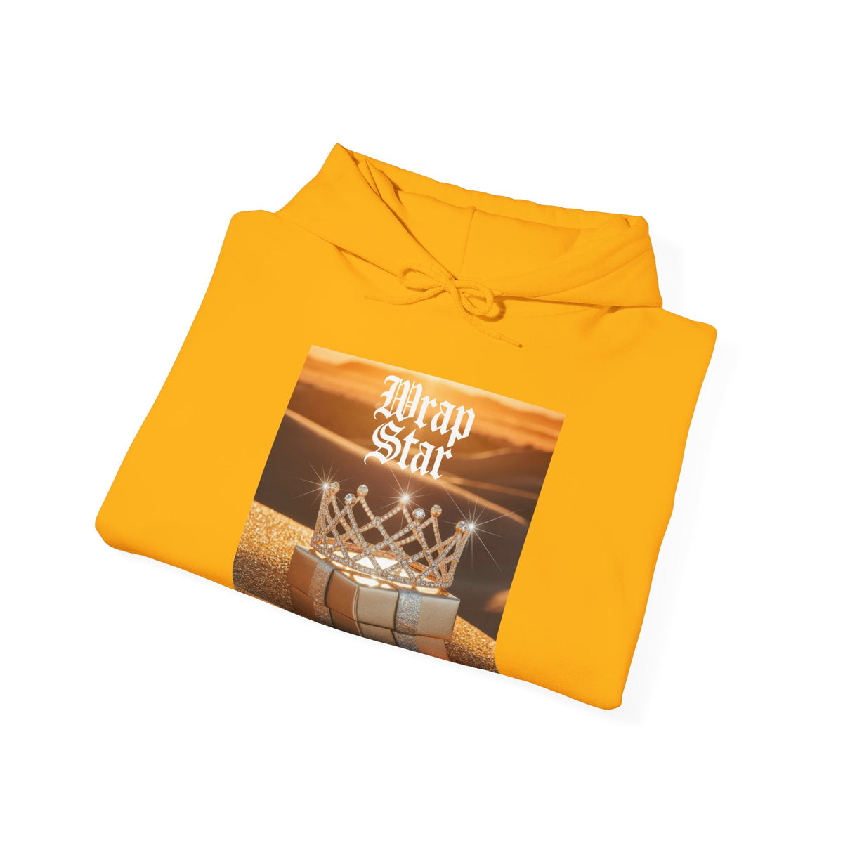 A folded gold pullover hoodie with a front kangaroo pocket and a central graphic print featuring the text 'Wrap Star' above a basketball hoop with wrapped presents, shown on a plain white background.