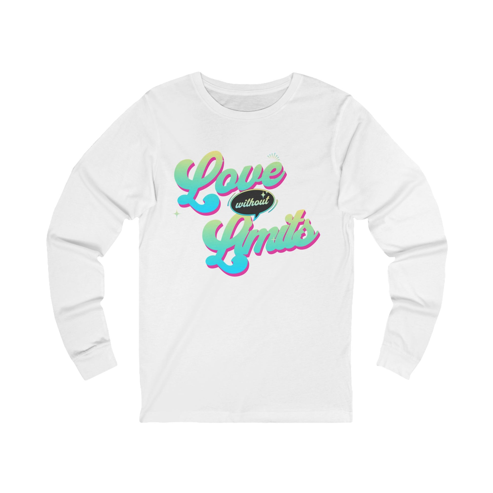 White long-sleeve shirt with colorful 'Love without Limits' text on a white background