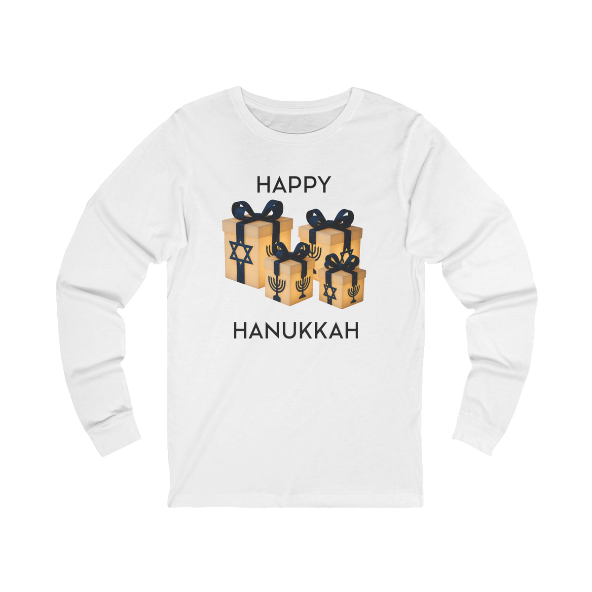 A white long-sleeve t-shirt with a graphic of three wrapped Hanukkah gift boxes and the text 'HAPPY HANUKKAH' printed on the front.