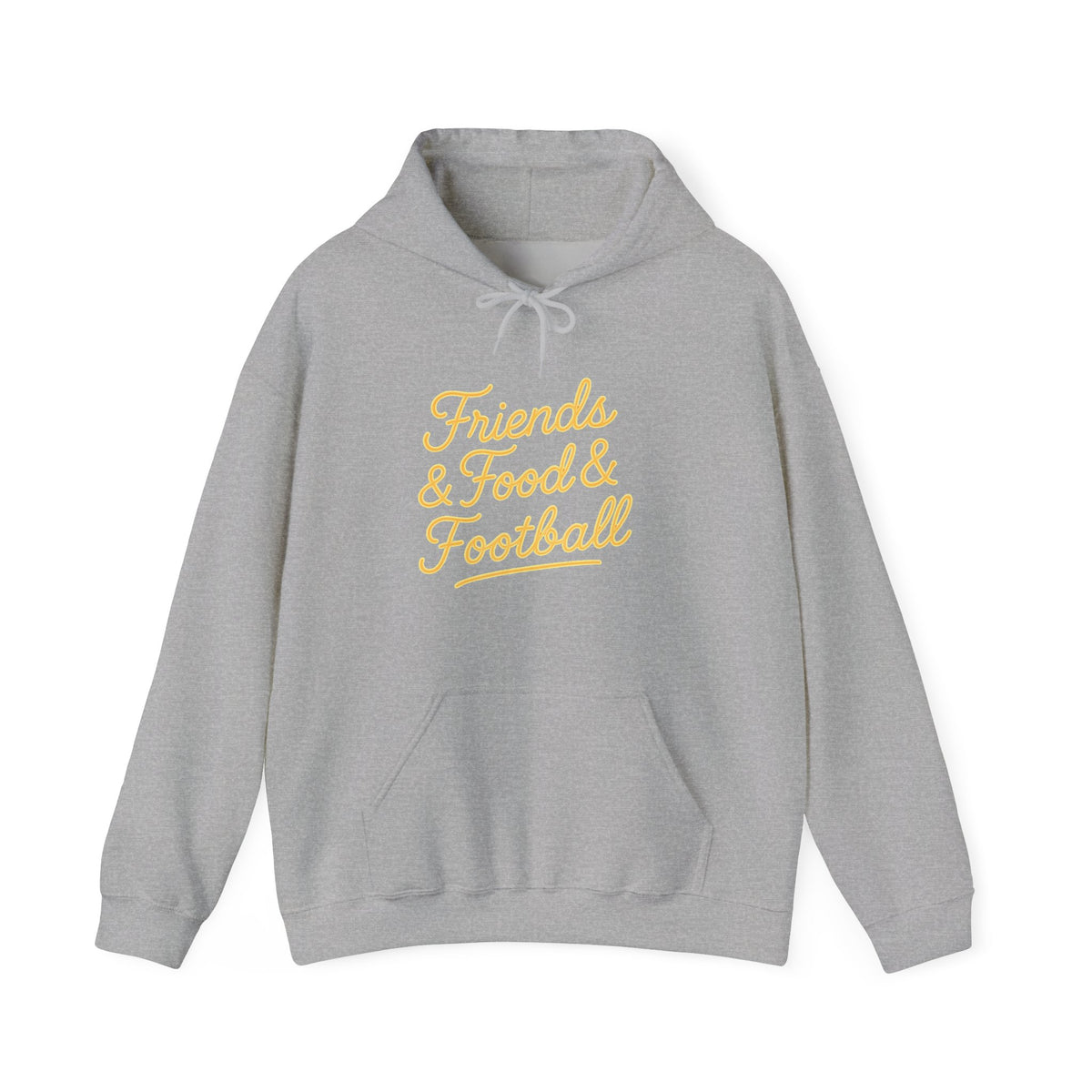 A light gray heather pullover hoodie with 'Friends & Food & Football' printed in yellow script across the chest, displayed on a clean white background.