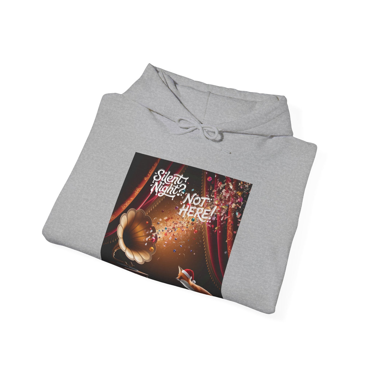A folded light gray pullover hoodie with a square graphic print on the chest. The graphic features a vintage gramophone, a fox, and the text 'Silent Night? NOT A HERE!'.