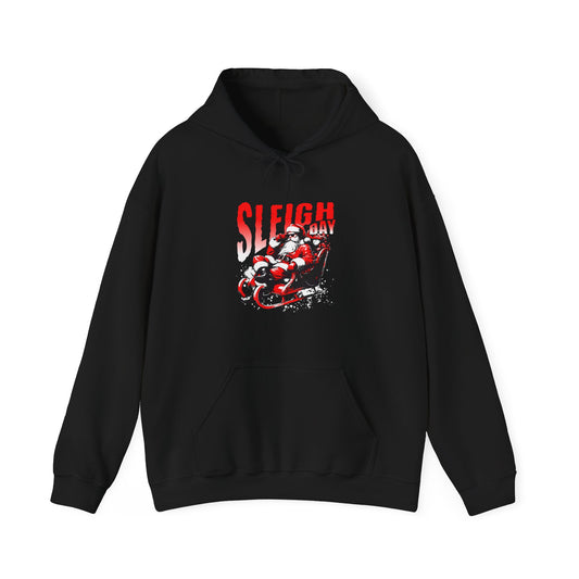 A black pullover hoodie with a front graphic that reads 'SLEIGH DAY HOODIE' in pink and gold, accompanied by starburst accents and a small globe icon, shown on a plain white background.