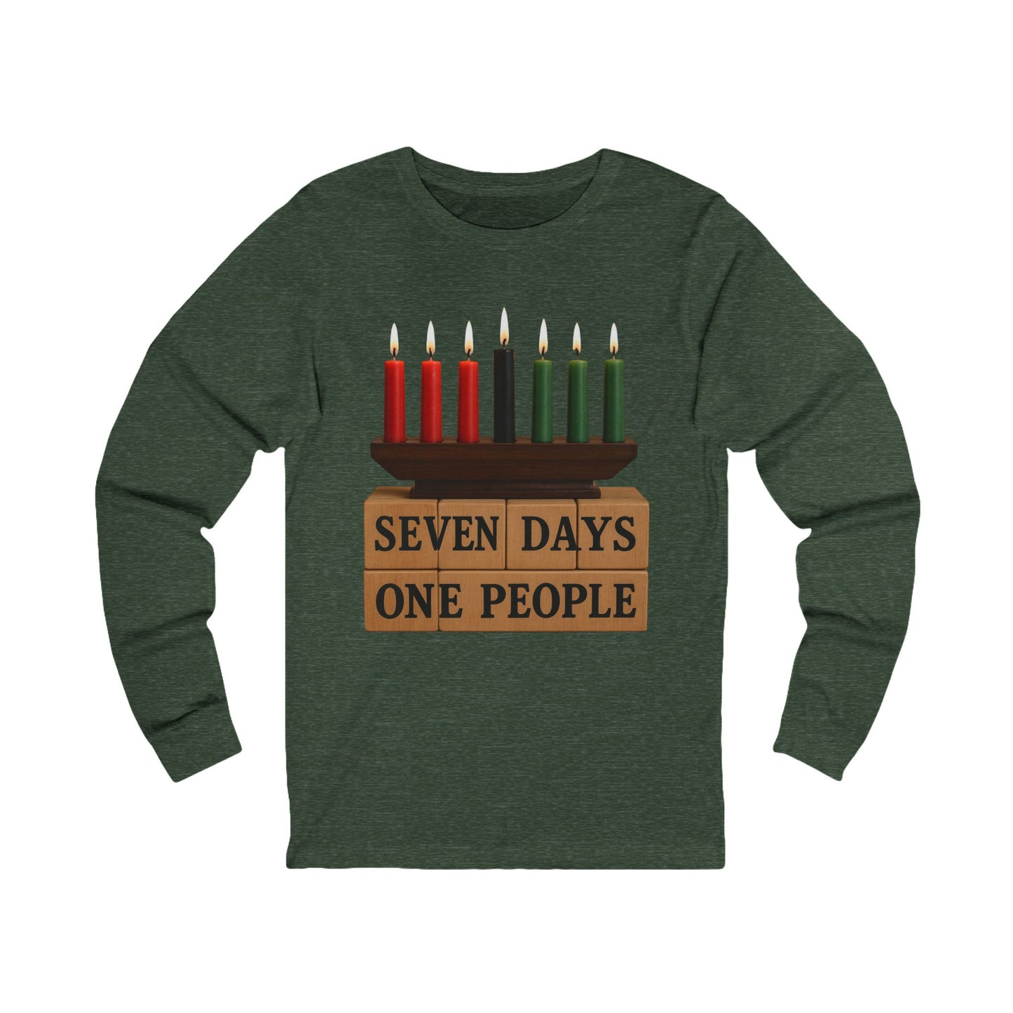 Seven Days, One People Kinara Long-Sleeve Tee - Kwanzaa (Unisex S–2XL) in Heather Forest