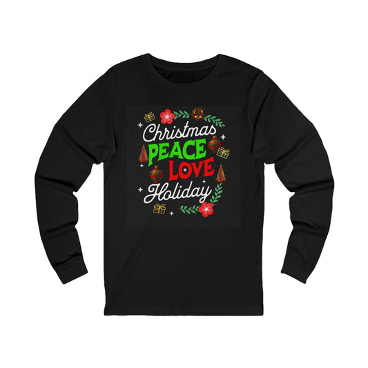 Peace, Love, and Holidays Festive Wreath Long-Sleeve Tee (Unisex S-2XL) in Black