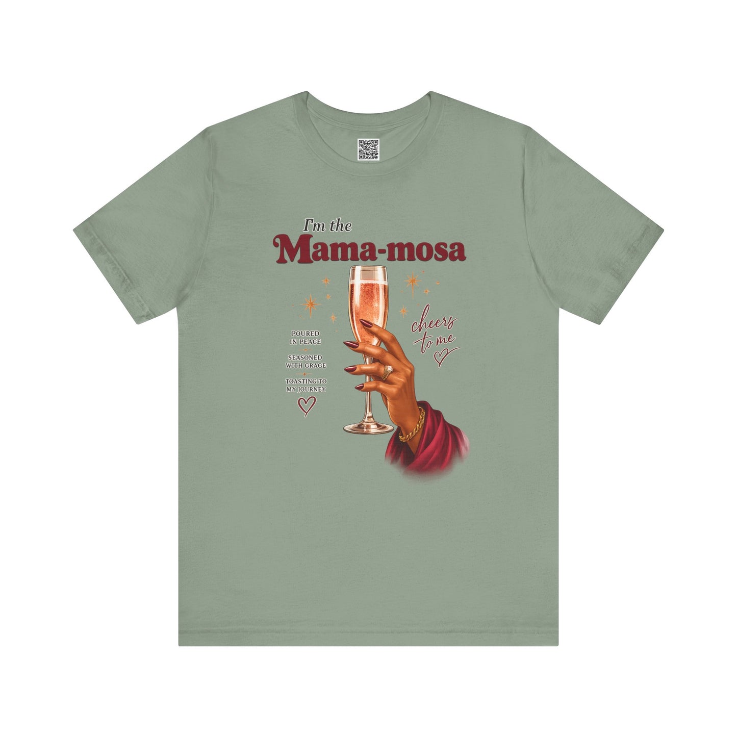 Green t-shirt with 'Mama-mosa' design featuring a hand holding a glass of champagne on a white background.