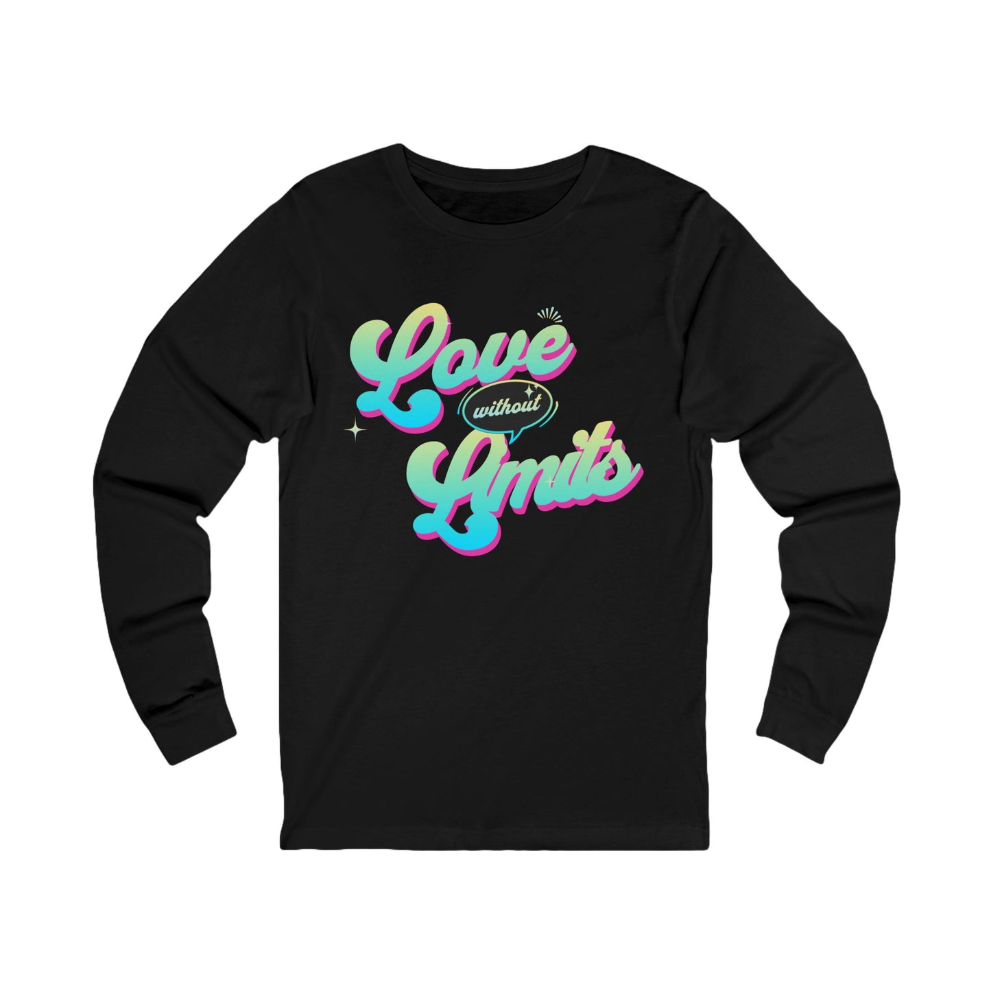 Black long-sleeve shirt with colorful 'Love without Limits' text on a white background